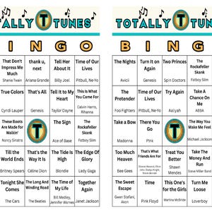 May include: Two "Totally Tunes" Bingo cards with song titles and artists. The cards feature a teal and yellow color scheme with the word "Bingo" in large gold letters. The cards are designed for music lovers.