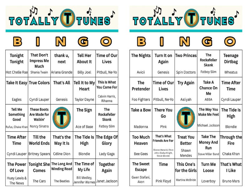 May include: Two "Totally Tunes" Bingo cards with song titles and artists. The cards feature a teal and yellow color scheme with the word "Bingo" in large gold letters. The cards are designed for music lovers.