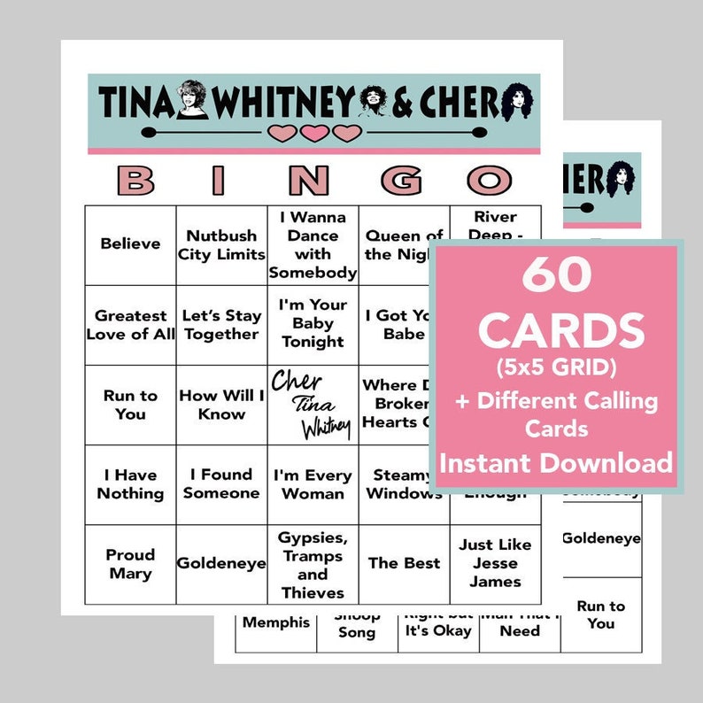 以下が含まれることがあります： ピンクと白の5x5グリッドのビンゴカード。カードには、ティナ・ターナーとシェールの楽曲タイトルが記載されています。カードは60枚のセットの一部です。テキスト「60枚のカード（5x5グリッド）+異なる呼び出しカード インスタントダウンロード」は画像の右側です。