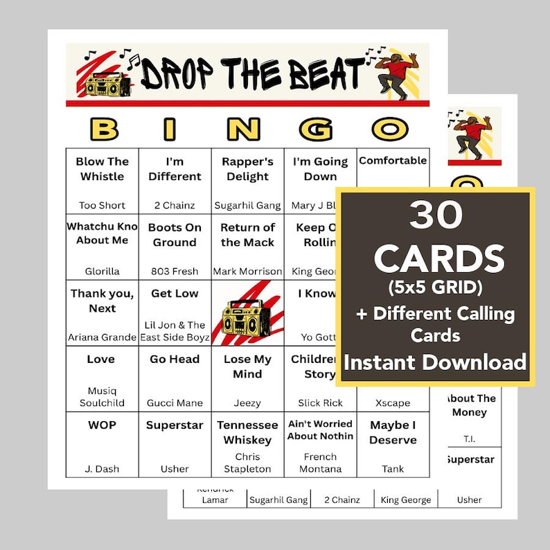 Puede incluir: Un juego de bingo con tem&aacute;tica musical. La tarjeta de bingo presenta una cuadr&iacute;cula de 5x5 con t&iacute;tulos de canciones y nombres de artistas. El juego incluye 30 tarjetas y tarjetas de llamada, disponibles para descarga instant&aacute;nea.