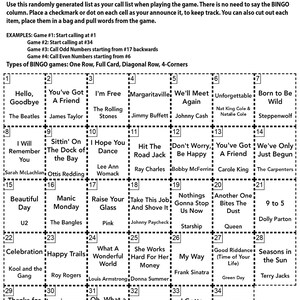 May include: A retirement bingo game card with a list of 34 popular songs. The card is divided into a 5x7 grid with each square containing a song title and artist. The squares are numbered 1 through 34.