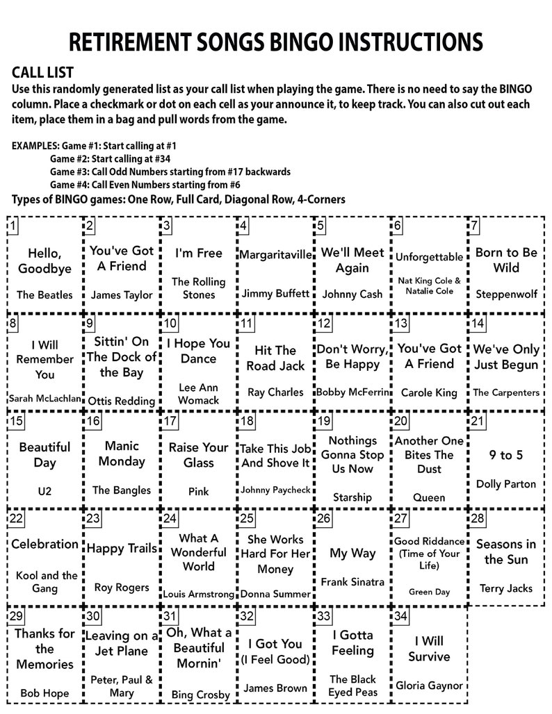 May include: A retirement bingo game card with a list of 34 popular songs. The card is divided into a 5x7 grid with each square containing a song title and artist. The squares are numbered 1 through 34.