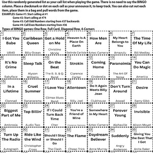 May include: A bingo card with a grid of song titles from the 1980s, including "I Got You Babe" and "Heaven Is A Place On Earth." The card is designed for a bingo game with instructions at the top.