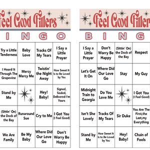 Puede incluir: Una tarjeta de bingo en blanco y negro con el t&iacute;tulo "Feel Good Fillers" y una lista de t&iacute;tulos de canciones. La tarjeta est&aacute; dividida en una cuadr&iacute;cula de 5x5 con un espacio libre en el centro. Los t&iacute;tulos de las canciones incluyen "I Just Want to Make You Love", "Try a Little Tenderness", "Baby Love", "Tracks Of My Tears", "I Say a Little Prayer", "Love Train", "I Heard It Through The Grapevine", "Mercy Mercy Me", "Twistin' the Night Away", "How Sweet It Is to Be Loved by You", "For Once in My Life", "Stand by Me", "Hey! Baby!", "Signed, Sealed, Delivered I'm Yours", "Midnight Train to Georgia", "At Last", "(Sittin' On) the Dock of the Bay", "Runaround Sue", "Cry to Me", "I Got You (I Feel Good)", "Isn't She Lovely", "Tracks Of My Tears", "Sir Duke", "You Are The First, the Last, my Everything", "Signed, Sealed, Delivered I'm Yours", "Higher and Higher", "We Are Family", "Be My Baby", "Where Did Our Love Go", "Don't Worry Be Happy", "Stand by Me", "How Sweet It Is to Be Loved by You", "Hey! Baby!", "Chain of Fools", "Please Mr. Postman", "Let's Get It On", "Where Did Our Love Go", "Stay", "My Guy", "Mercy Mercy Me", "Do You Love Me", "I Got You (I Feel Good)", "My Girl", "Don't Worry Be Happy", "Respect".
