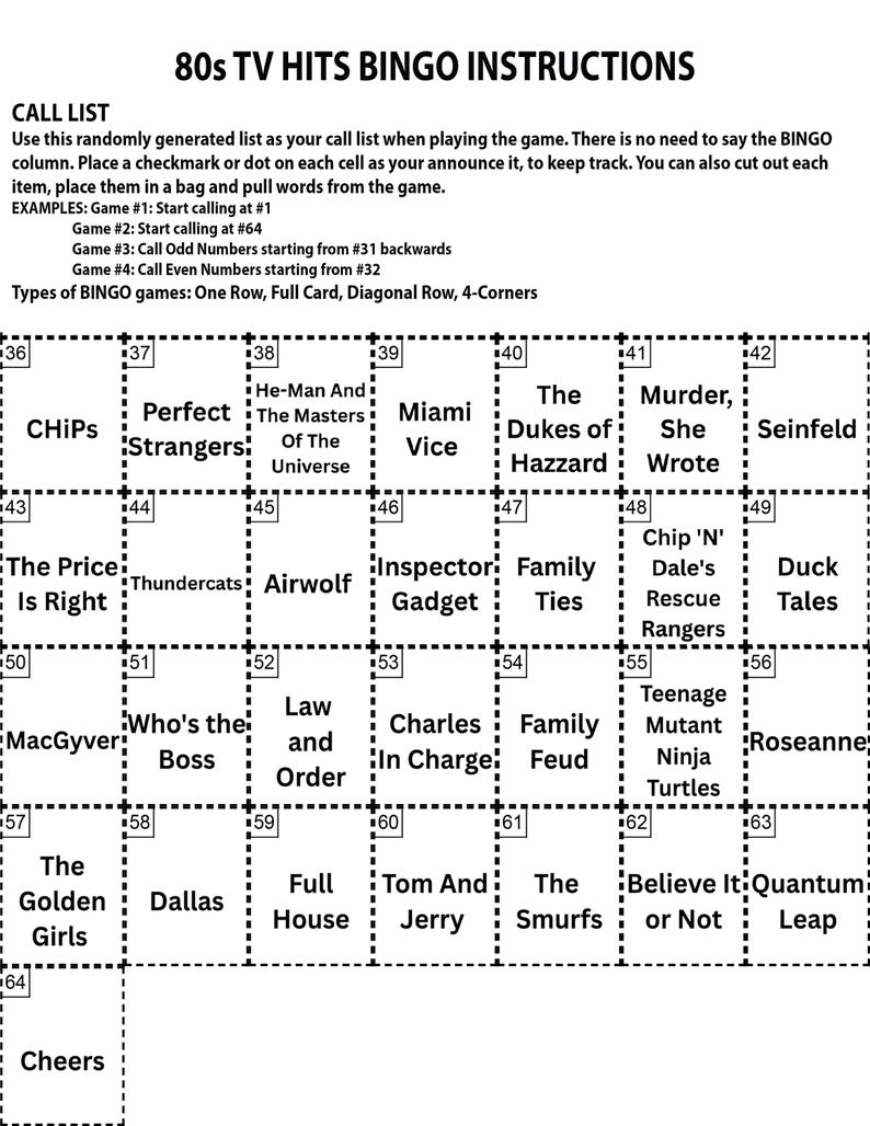 80's Music Hits Bingo Game, 60 Cards, Printable Party Game (Digital Download) image 4