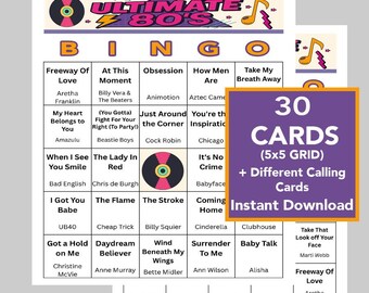 80's Music, 1980's Music Bingo Game, SINGO, 1980's party, Instant Digital Download, 30 Different Bingo cards, Music Playlist Included