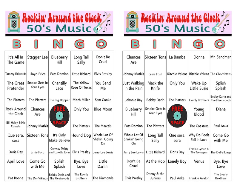 May include: Two bingo cards with a 1950s music theme. The cards feature song titles and artist names, with a jukebox and musical notes graphic at the top. The word "BINGO" is at the top of each card.