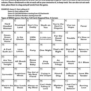 May include: A black and white bingo card with a grid of 46 squares. Each square contains a phrase related to Elvis Presley, such as "Hard Headed Woman", "Viva Las Vegas", "Hound Dog", and "Jailhouse Rock".