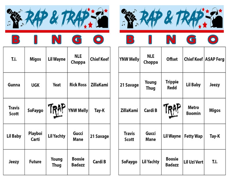 May include: Two "Rap & Trap" Bingo cards with artist names like Lil Wayne, Cardi B, and Travis Scott. The top banner reads "RAP & TRAP" in blue and red. The word "BINGO" is in red. The cards are white with black text.