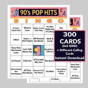 May include: A bingo game set with a 90's pop hits theme. The game includes 300 cards with a 5x5 grid, plus different calling cards. The design features colorful graphics and the words "Instant Download".