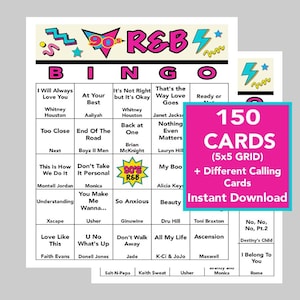 Tubes R&B des années 90, musique soul, 76 morceaux, téléchargement numérique, jeux de bingo, 150 cartes de bingo différentes, liste de lecture Spotify incluse