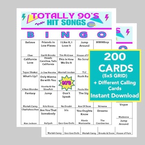 Successi musicali degli anni '90, gioco del bingo degli anni '90, download digitale, giochi del bingo, 200 carte uniche, 70 canzoni, playlist Spotify e elenco delle chiamate inclusi