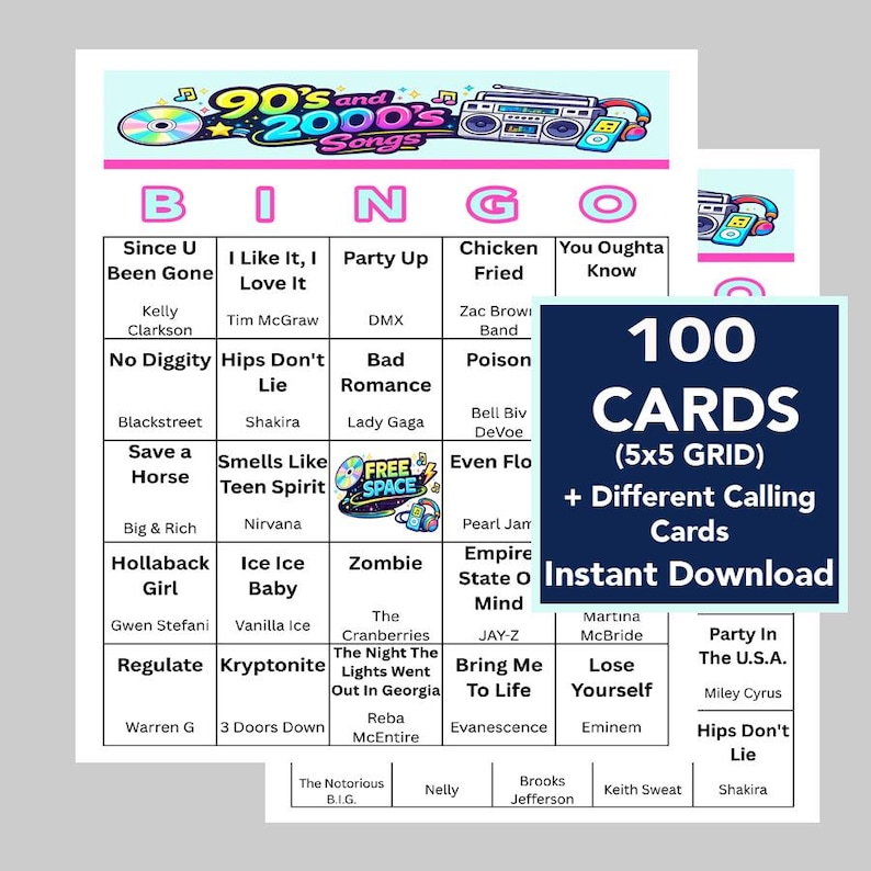 Op de afbeelding: Een bingokaartenset met het thema muziek uit de jaren 90 en 2000. De kaarten hebben een 5x5 raster met songtitels en artiestennamen. De set bevat 100 kaarten en verschillende belkaarten, direct te downloaden.