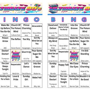 May include: Two bingo cards with an 80s theme. Each card features a grid of song titles and artist names, with the words "ULTIMATE 80'S" at the top. The cards are in shades of blue, pink, and yellow, with a retro design.