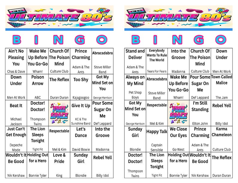 May include: Two bingo cards with an 80s theme. Each card features a grid of song titles and artist names, with the words "ULTIMATE 80'S" at the top. The cards are in shades of blue, pink, and yellow, with a retro design.