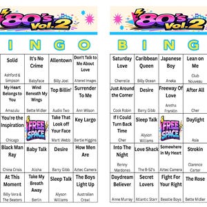 May include: A colorful bingo card titled "80's Vol. 2" with song titles and artist names. The card features a vibrant design with pink, blue, and yellow accents. The bingo card is a fun game for music lovers.