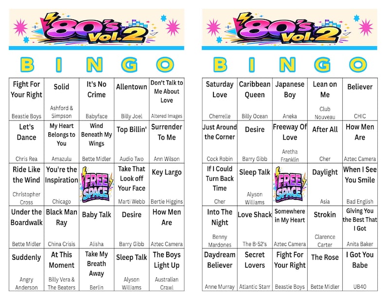 May include: A colorful bingo card titled "80's Vol. 2" with song titles and artist names. The card features a vibrant design with pink, blue, and yellow accents. The bingo card is a fun game for music lovers.