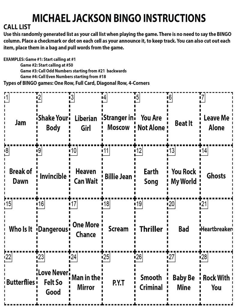 K&ouml;nnte beinhalten: Eine Michael Jackson Bingo-Spielkarte mit einem Raster von 28 Feldern. Jedes Feld enth&auml;lt einen Songtitel oder einen Text aus Michael Jacksons Musik. Die Felder sind von 1 bis 28 nummeriert.