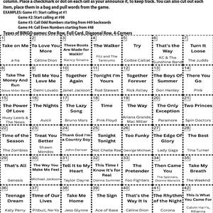May include: A T-Tunes Bingo card with a grid of song titles and artists. The card includes instructions and examples for playing the game, with a list of songs like "Take on Me" and "Teenage Dream".