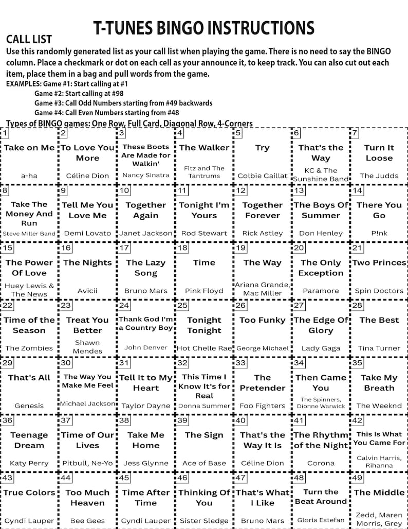 May include: A T-Tunes Bingo card with a grid of song titles and artists. The card includes instructions and examples for playing the game, with a list of songs like "Take on Me" and "Teenage Dream".