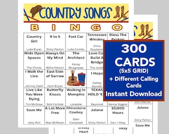 Country-Musik-Bingokarten, Musik-Bingo, 300 verschiedene Karten, 75 Lieder, Partyspiel zum Ausdrucken, Musik-Wiedergabeliste