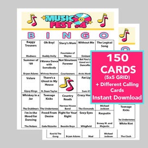 Jaren 60, 70, 80, 90, jaren 2000 Muziekbingo, Music Fest Celebration, Instant Digital Download, 150 verschillende kaarten, 70 nummers, Spotify-afspeellijst