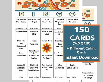 70's Music Hits, 70's Party, 70's Birthday, Digital Download, Bingo Games, Printable, 150 Different Bingo cards, Spotify Link, 47 Songs