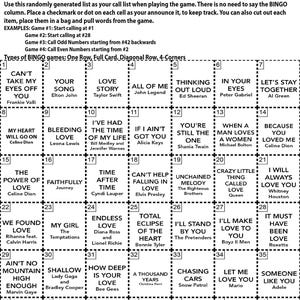 May include: A bingo card with a list of love songs. The card is divided into a 6x7 grid with each square containing a song title and artist. The card is designed for a game of bingo.
