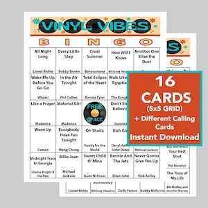 Puede incluir: Una descarga digital de 16 tarjetas de bingo imprimibles con una cuadr&iacute;cula de 5x5 con canciones populares de los 80. Las tarjetas son rojas con texto blanco y un espacio libre en el centro. El texto "Descarga instant&aacute;nea" est&aacute; en blanco sobre fondo rojo.