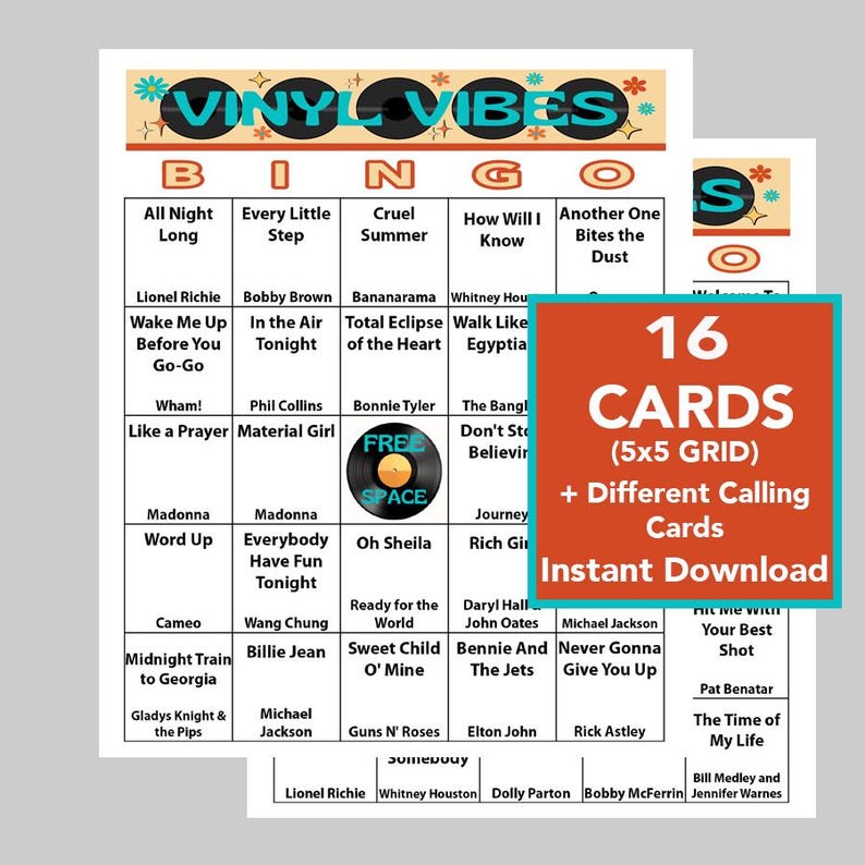 Puede incluir: Una descarga digital de 16 tarjetas de bingo imprimibles con una cuadr&iacute;cula de 5x5 con canciones populares de los 80. Las tarjetas son rojas con texto blanco y un espacio libre en el centro. El texto "Descarga instant&aacute;nea" est&aacute; en blanco sobre fondo rojo.