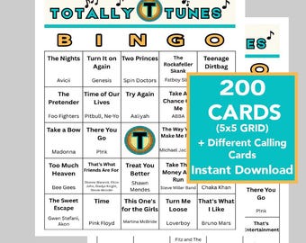Juego de bingo musical, 200 cartones de bingo, temática de décadas (descarga digital)