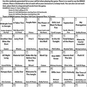 Puede incluir: Una tarjeta de bingo en blanco y negro con una lista de canciones populares de la d&eacute;cada de 1980. La tarjeta est&aacute; dividida en una cuadr&iacute;cula de 5x5 con cada cuadrado que contiene un t&iacute;tulo de canci&oacute;n. Los t&iacute;tulos de las canciones incluyen "Purple Rain", "Hungry Like the Wolf", "Material Girl", "Billie Jean" y "Celebration".