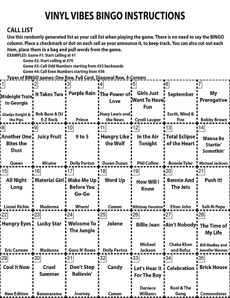Puede incluir: Una tarjeta de bingo en blanco y negro con una lista de canciones populares de la d&eacute;cada de 1980. La tarjeta est&aacute; dividida en una cuadr&iacute;cula de 5x5 con cada cuadrado que contiene un t&iacute;tulo de canci&oacute;n. Los t&iacute;tulos de las canciones incluyen "Purple Rain", "Hungry Like the Wolf", "Material Girl", "Billie Jean" y "Celebration".