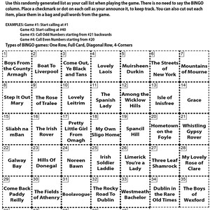May include: A Celtic Melodies Bingo card with a grid of squares, each containing a phrase like "Boys From the County Armagh." The card includes instructions and examples for playing the game. The text is in black on a white background.