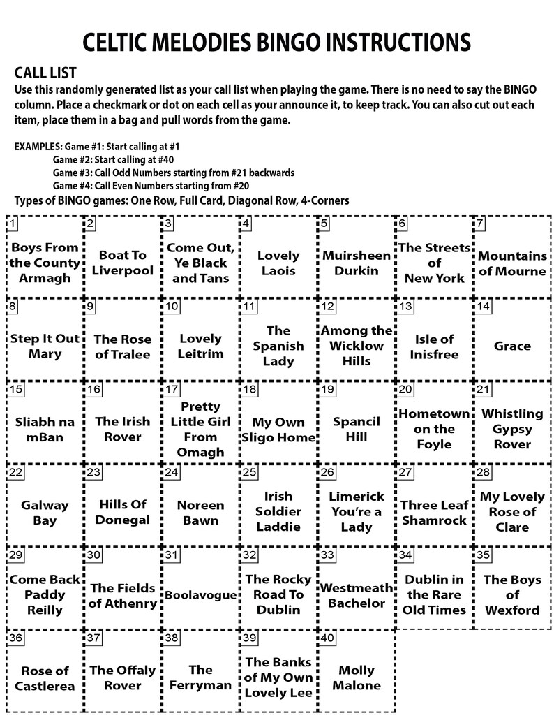 May include: A Celtic Melodies Bingo card with a grid of squares, each containing a phrase like "Boys From the County Armagh." The card includes instructions and examples for playing the game. The text is in black on a white background.