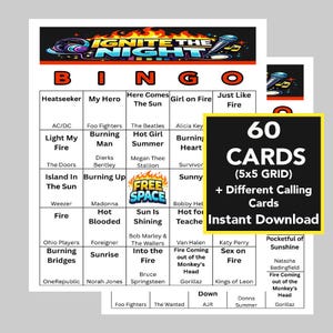 Puede incluir: Un juego de bingo con 60 cartas, una cuadr&iacute;cula de 5x5 y diferentes tarjetas de llamada. El juego presenta t&iacute;tulos de canciones como "Fire" y "Burning Heart". Las palabras "Ignite the Night" est&aacute;n en la parte superior, con el texto "Instant Download".