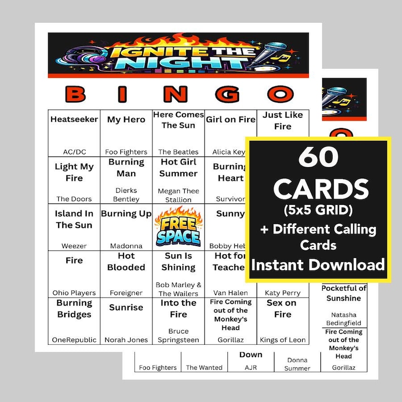 Puede incluir: Un juego de bingo con 60 cartas, una cuadr&iacute;cula de 5x5 y diferentes tarjetas de llamada. El juego presenta t&iacute;tulos de canciones como "Fire" y "Burning Heart". Las palabras "Ignite the Night" est&aacute;n en la parte superior, con el texto "Instant Download".