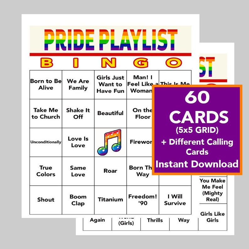 Puede incluir: Una tarjeta de bingo Pride imprimible con un esquema de colores arco&iacute;ris. La tarjeta tiene una cuadr&iacute;cula de 5x5 con casillas que contienen frases como "Born to Be Alive", "Love Is Love", "True Colors", "Freedom! '90", y "I Will Survive". La tarjeta es parte de un conjunto de 60 tarjetas e incluye diferentes tarjetas de llamada. El texto "60 TARJETAS (5x5 CUADRICULA) + Diferentes tarjetas de llamada Descarga instant&aacute;nea" se muestra en el lado derecho de la imagen.