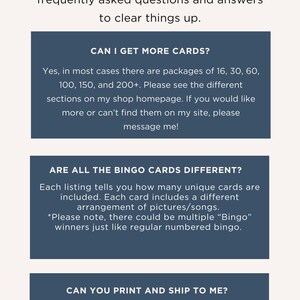 May include: A graphic with the title "FAQs" in a gold font. The image contains answers to frequently asked questions about bingo cards, including card quantities and printing options. The website address is also included.