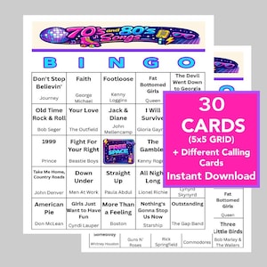 May include: A bingo game card set featuring songs from the 70s and 80s. The cards have a 5x5 grid with song titles like "Don't Stop Believin'" and "Footloose." The set includes 30 cards and different calling cards, available for instant download.