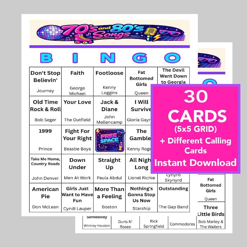 May include: A bingo game card set featuring songs from the 70s and 80s. The cards have a 5x5 grid with song titles like "Don't Stop Believin'" and "Footloose." The set includes 30 cards and different calling cards, available for instant download.