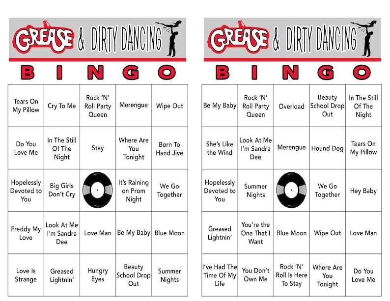 Puede incluir: Un cart&oacute;n de bingo con tem&aacute;tica de Grease y Dirty Dancing con 25 casillas. Cada casilla contiene el t&iacute;tulo de una canci&oacute;n de las pel&iacute;culas. El cart&oacute;n es blanco y negro con detalles rojos y grises.