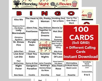Movie Song Bingo, Movie Classics Bingo, Family Night Games, Instant Digital Download, Printable Games, 100 Different cards. Music Playlist