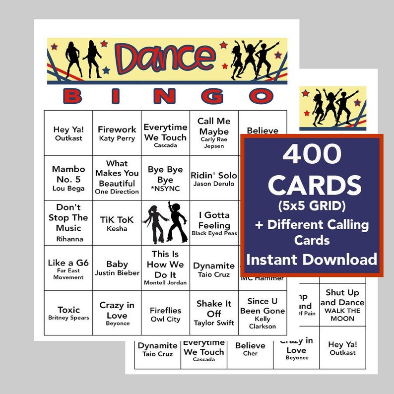 Pu&ograve; includere: Una scheda di bingo stampabile con un tema di danza. La scheda ha una griglia 5x5 con caselle che contengono titoli di canzoni e artisti. La scheda &egrave; intitolata "Dance Bingo" e ha uno sfondo blu con testo bianco. La scheda &egrave; circondata da un bordo rosso. La scheda fa parte di un set di 400 schede. Il testo "400 Schede (5x5 Griglia) + Diverse Schede di Chiamata Download Immediato" &egrave; in testo bianco su sfondo blu.