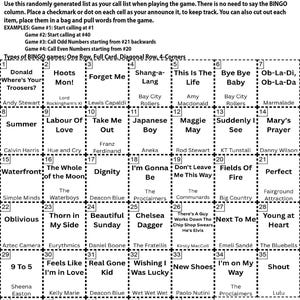 Peut inclure: Une carte de bingo en noir et blanc avec une liste d'appels et des instructions. La carte pr&eacute;sente une grille de titres de chansons et de noms d'artistes, con&ccedil;ue pour un jeu de bingo sur le th&egrave;me de la musique.