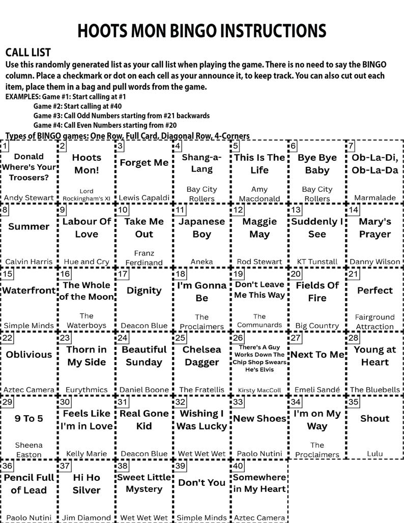 Peut inclure: Une carte de bingo en noir et blanc avec une liste d'appels et des instructions. La carte pr&eacute;sente une grille de titres de chansons et de noms d'artistes, con&ccedil;ue pour un jeu de bingo sur le th&egrave;me de la musique.