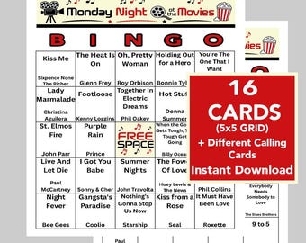 Movie Song Bingo, Movie Classics Bingo, Family Night Games, Instant Digital Download, Printable Games, 16 Different cards. Music Playlist