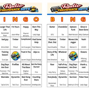 May include: Two bingo cards with a "Radio Throwback Hits" theme. Each card features a grid of song titles and artist names, with the word "BINGO" across the top. The cards are designed for a music-themed game.
