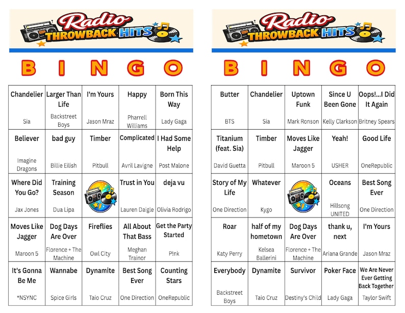 May include: Two bingo cards with a "Radio Throwback Hits" theme. Each card features a grid of song titles and artist names, with the word "BINGO" across the top. The cards are designed for a music-themed game.