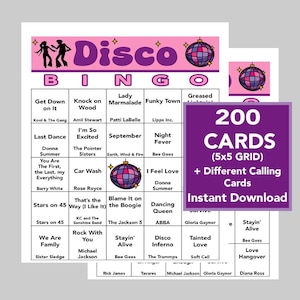 DISCO, Hits musicaux DISCO, Soirée DISCO, Bingo dansant, Téléchargement numérique instantané, Jeux de bingo, Jeux à imprimer, 200 cartes de bingo différentes